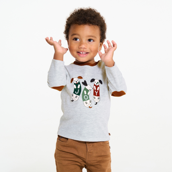 تيشيرت من القطن برسمة للكلاب، باللون الرمادي، للأولاد الصغار